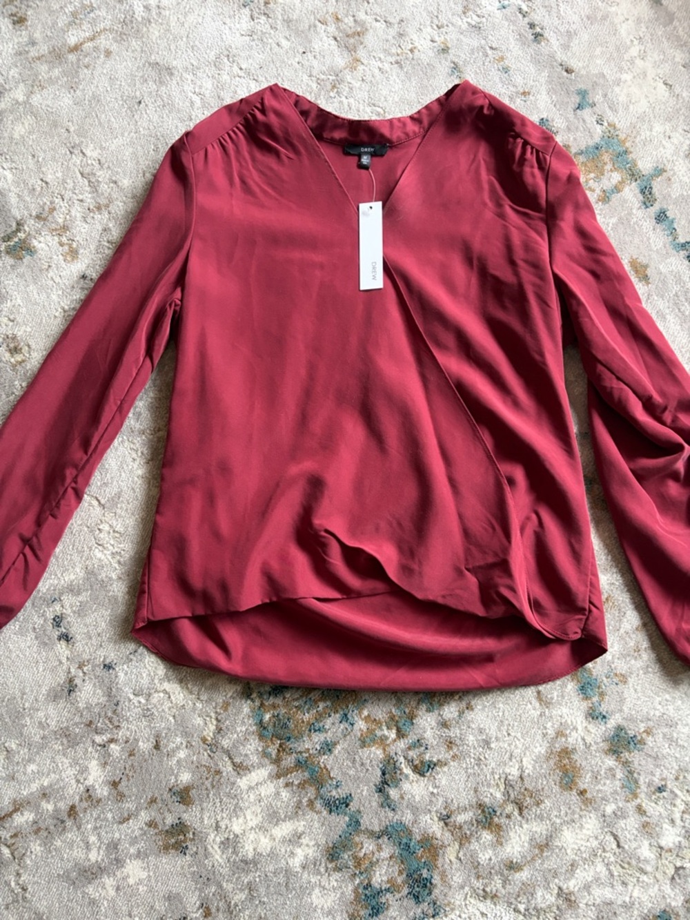 DREW Wine Red V-Neck Long Sleeve Blouse
